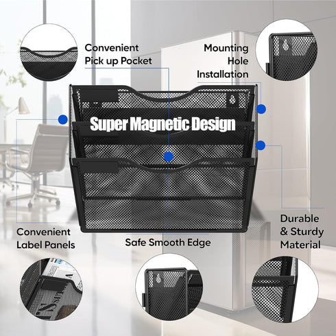 Large Capacity 3 Tier Magnetic File Holder, Black, for File Cabinets, Refrigerator, Office, No Drilling Installation