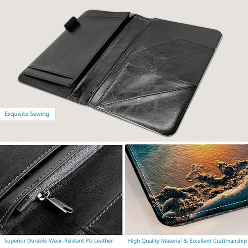 Server Books for Waitress, Leather Wallet with Zipper Pocket, 7 Storage Pockets for Recipes and Checks, Beach Sunset
