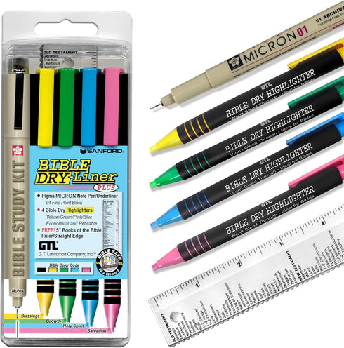 G.T. Luscombe Company Bible Dry-Liner, Yellow, Green, Blue, Pink Highlighters, Pigma Micron 01 Black Ink, 5-Piece Set