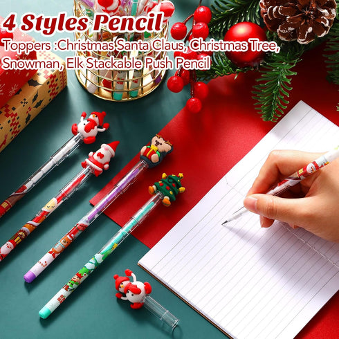 Yexiya Christmas Multi Point Stackable Push Pencil, 48 Pcs Bulk with Xmas Tree Santa Snowman Reindeer Topper