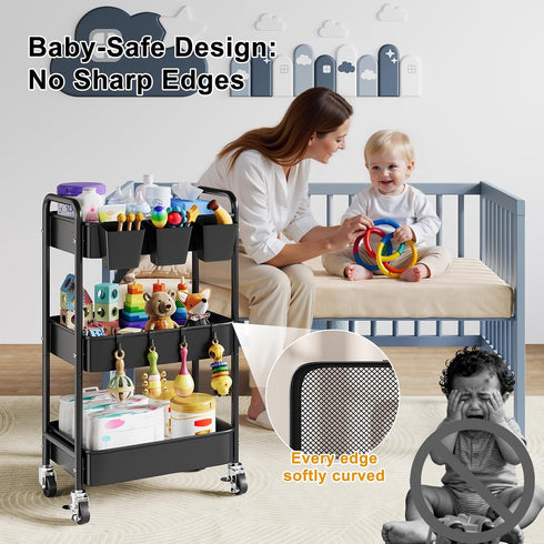 Aofure 3 Baby Diaper Caddy Organizer and Storage, Tier Rolling Cart with Wheels for Newborn Nursery Essentials, Baby