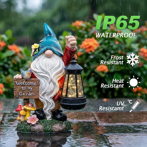 ZQQLITE Garden Gnome Statues Figurine Lights - Solar Powered Lighting Outdoor Decorations with Lantern & Welcome Sign