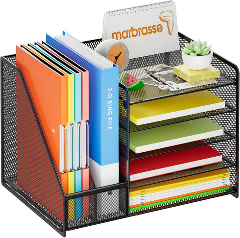 Marbrasse Desk Organizer with File Holder, 5-Tier Paper Letter Tray, Mesh Organizers for Office Supplies (Black)