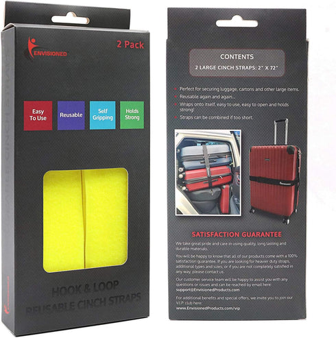 Reusable Cinch Straps 2" x 72" (Usable Length 64") - 2 Pack - Hook and Loop Straps (Neon Yellow)