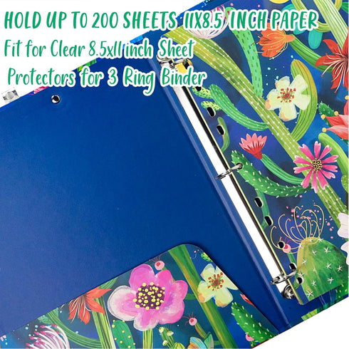 Decorative 3 Ring Binder, 9.7 x 12 inch, Watercolor Cactus Design, Hardcover with Dividers & Pockets