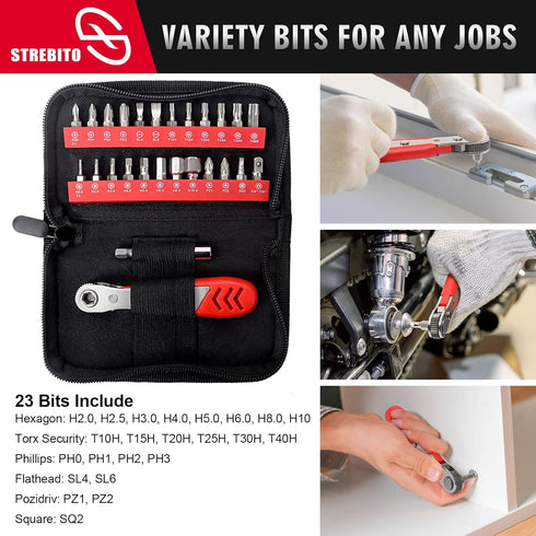 STREBITO Right Angle Screwdriver Low Profile 26 Piece Ratchet Set, Mini 1/4 Bit Tool for Tight Spaces