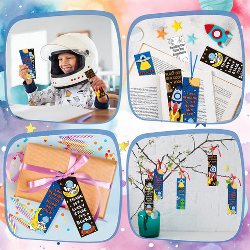 EYxsaxenk 72Pcs Color Your Own Bookmarks - Outer Space DIY Coloring Bookmark Astronaut Rocket Planet Blank Paper Book