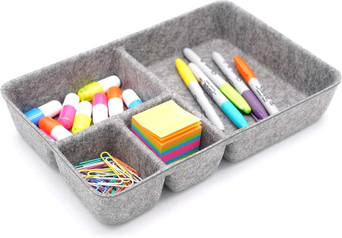 Welaxy Junk Drawer Organizer Bin with 4 Compartments, Felt Trays, 2 Dividers, Multi-Purpose Storage (Grayx2)