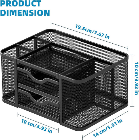 Marbrasse Mesh Desk Organizer, Pen Organizer with 2 Drawers, 5 Compartments for Office Art Supplies, Black