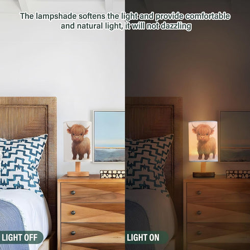 Oarencol Bedside Table Lamp Cute Highland Cow Animal Nightstand Lamp with Wood Desk Lamps for Bedroom Living Room