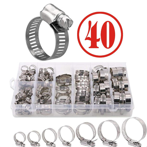 Hose Clamp Kit - 40 Piece 307 Stainless Steel 7 Sizes 6-38mm - Hose Clamps Assortment Pipe Clamp Adjustable - Clamp Assortment Kit, Fuel Line Clamp for Water Pipe, Plumbing, Automotive, Mechanical