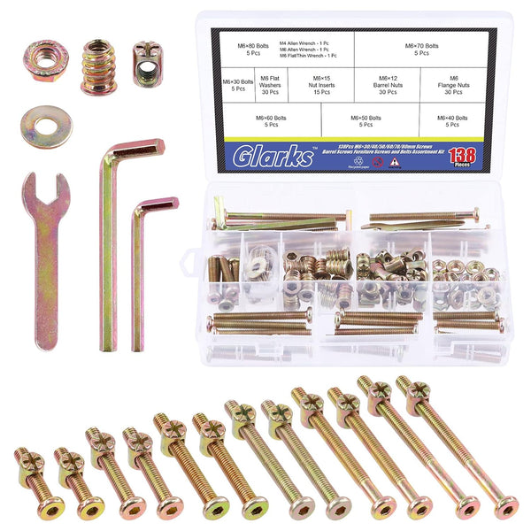 Glarks 138Pcs M6 Baby Bed Crib Screws Hardware Replacement Kit, M6x30/40/50/60/70/80MM Hex Socket Cap Screws with Nuts