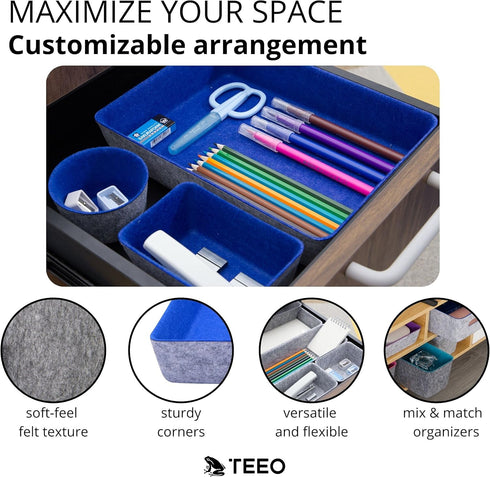 Teeo Felt Drawer Organizer, Desk Accessories for Office Organization, Kitchen Organizer, Jewelry Tray, Pack of 9 (Royal