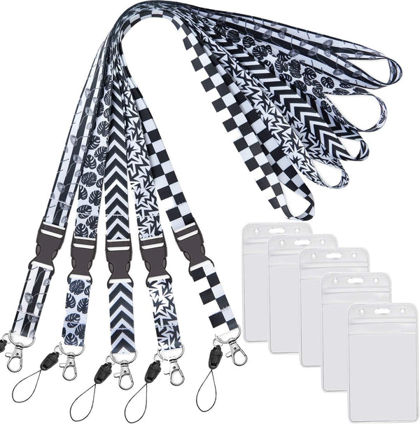 YOUOWO 5 Pack Black & White Cruise Lanyards with Vertical ID Badge Holder for Office, Waterproof ID Card