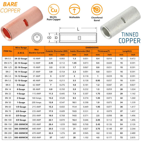 4 Gauge Non-Insulated Butt Connectors, 10 PCS Crimp Wire Connectors with 6 PCS 3:1 Heat Shrink Tube