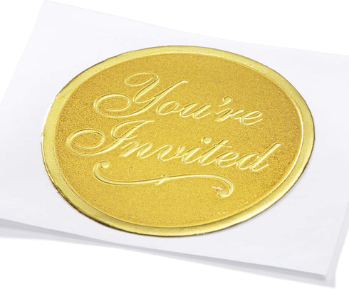 PaperDirect Gold You're Invited Round Embossed Foil Seals, 48 Count