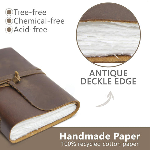 WANDERINGS Vintage Leather Journal - Handmade Leather Bound Notebook with Ivory Deckle Edge Paper, Perfect for Travel