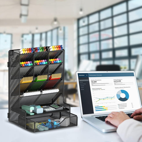 Multi-Functional Desk Organizer, Wall Mount Pen Holder with Drawer for School, Office, Home, Art Supplies