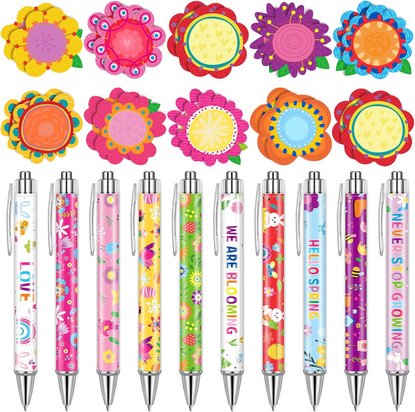 Geyee Flower Theme Sticky Notes and Pens Set, Colorful Memo Pads & Ballpoint Pens for School Party Gifts