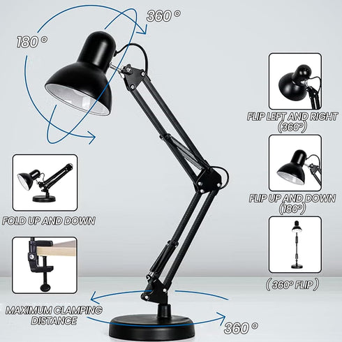 QUUQ E26 Bulb Metal Desk Lamp with Clamp, Swing Arm, Architect Adjustable Desk Lamps for Home Office, Clip Desk Lights