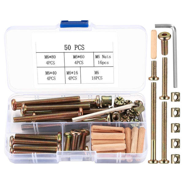 XhjzgcTech 16-Set Crib Screws Replacement Kit,Bolts & Barrel Nuts & Wooden Dowels, Hex