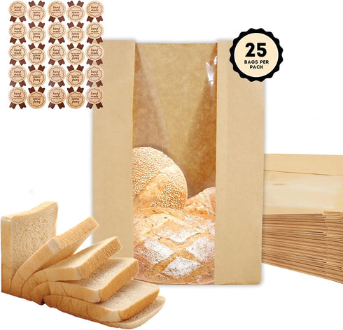 25 Sourdough Bread Bags For Homemade Loaf Kraft Brown Paper Bread Bags with Window and Square Bottom Large Bakery Bag