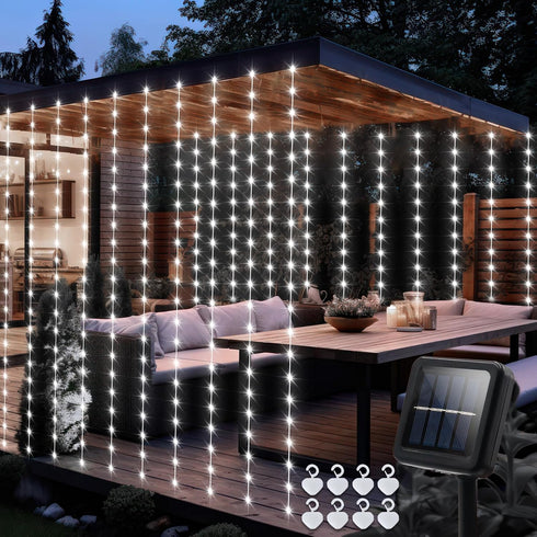 echosari Christmas Curtain Lights, Solar Powered 7.9ft x 6ft 144 LED Waterproof Outdoor Lights with Timer for Garden