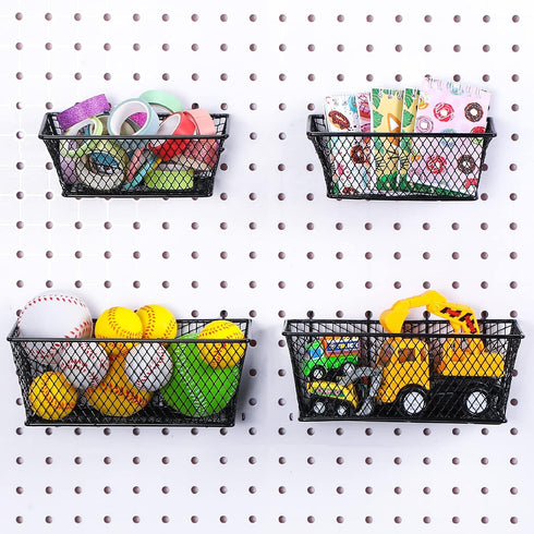 Sieral 4 Pcs Metal Wire Shelf Baskets, Black Pegboard Organizer Attachments for Garage Workbench, 2 Sizes