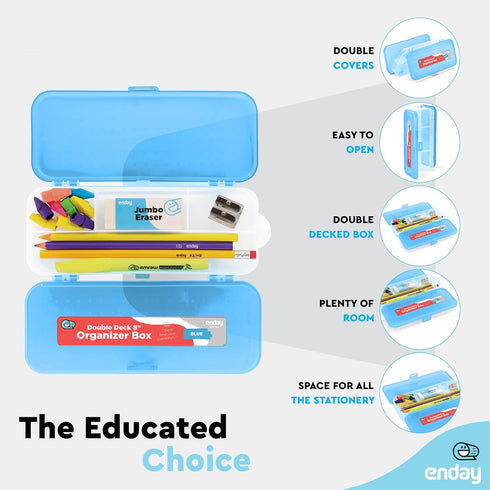 Enday Pencil Box Blue, Plastic Double Deck Pencil Case with 7 Compartments for Home and Office