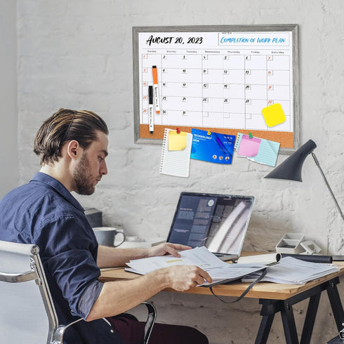 Monthly Whiteboard Calendar & Corkboard for Wall, 17"x13" Magnetic Dry Erase Board with Gray Wood Frame