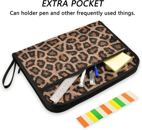 Black Leopard 13 Pocket Expanding File Folder with Labels, A4 Document Folder with Zipper Closure