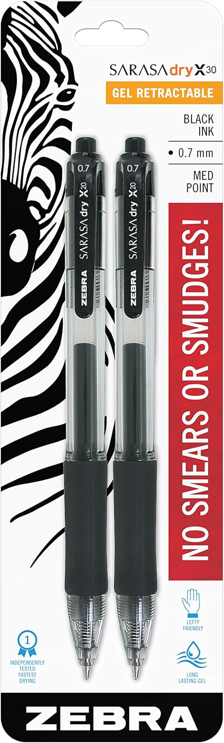 Zebra Pen Sarasa Dry X20 Gel Pen, Medium Point 0.7mm, Black Ink, 2-Pack (Packaging May Vary)