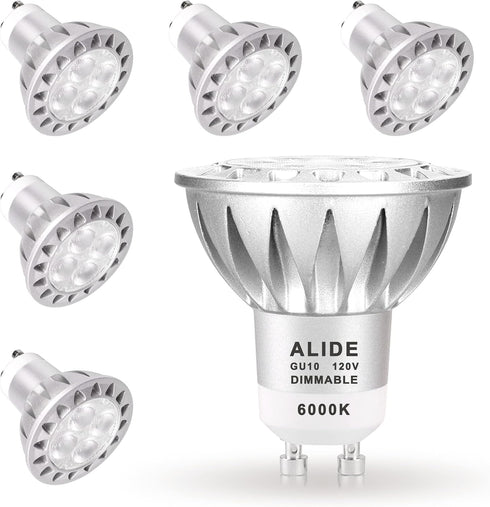 ALIDE GU10 LED Bulbs 6 Pack, 5W 6000K Daylight White Dimmable, 25W-35W Halogen Equivalent, MR16 GU10 Base AC120V