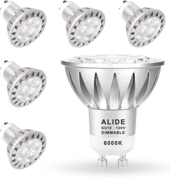ALIDE GU10 LED Bulbs 6 Pack, 5W 6000K Daylight White Dimmable, 25W-35W Halogen Equivalent, MR16 GU10 Base AC120V