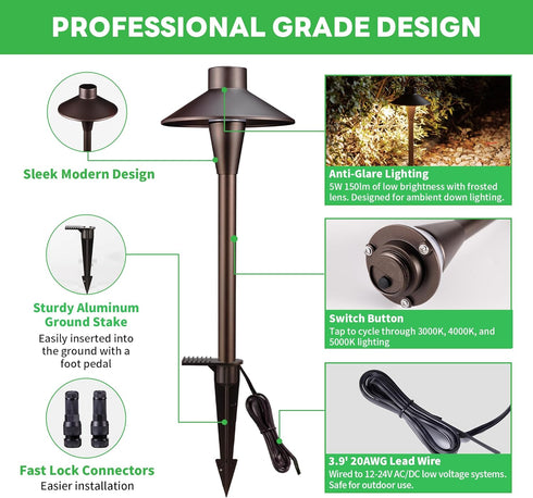 Landscape Path Lights, Selectable 3000K/4000K/5000K Pathway Lights, 12V Low Voltage Wired LED Outdoor Waterproof for