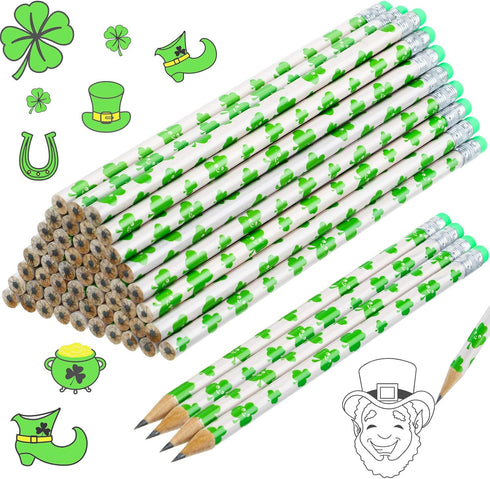 St Patrick's Day Wooden Pencils, Shamrock Green Party Pencils for Kids, 50 Pieces