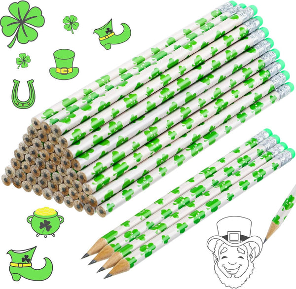 St Patrick's Day Wooden Pencils, Shamrock Green Party Pencils for Kids, 50 Pieces
