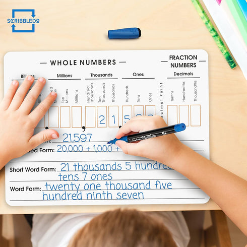 SCRIBBLEDO Place Value Board 9" x 12", Double Sided Dry Erase Boards for Teaching Place Values in Math