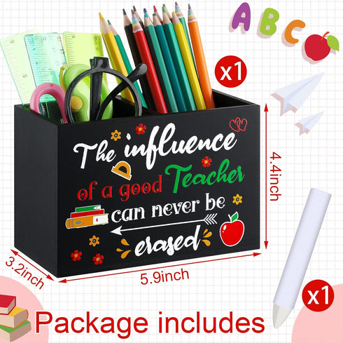 Resurhang Teacher Appreciation Gift Wood Teacher Pencil Holder with White Crayon Desk Stationery Organizer Desktop Pen