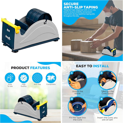 Excell EX-17 Steel Desk Top Tape Dispenser: 3" Wide, Blue/Grey + LuxProdX Sticker, Model EX-17/3IN