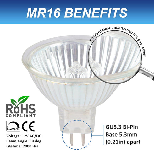 Simba Lighting Halogen MR16 20W 12V Light Bulbs (10 Pack) for Landscape, Track Lights, Fiber Optics, Desk Lamps, BAB C Spotlights with Glass Cover, GU5.3 Bi Pin Base, 2700K Warm White Dimmable by Simba Lighting