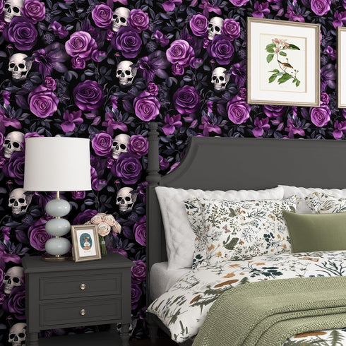 17.5" 393.7", Black Purple Wallpaper Peel and Stick, Dark Floral Skull Contact Paper x Vintage Rose Gothic Flowers Wall