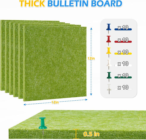 Felt Cork Board Tiles - 6 Packs 12" x 12" Self Adhesive Cork Bulletin Board with 60 Pushpins