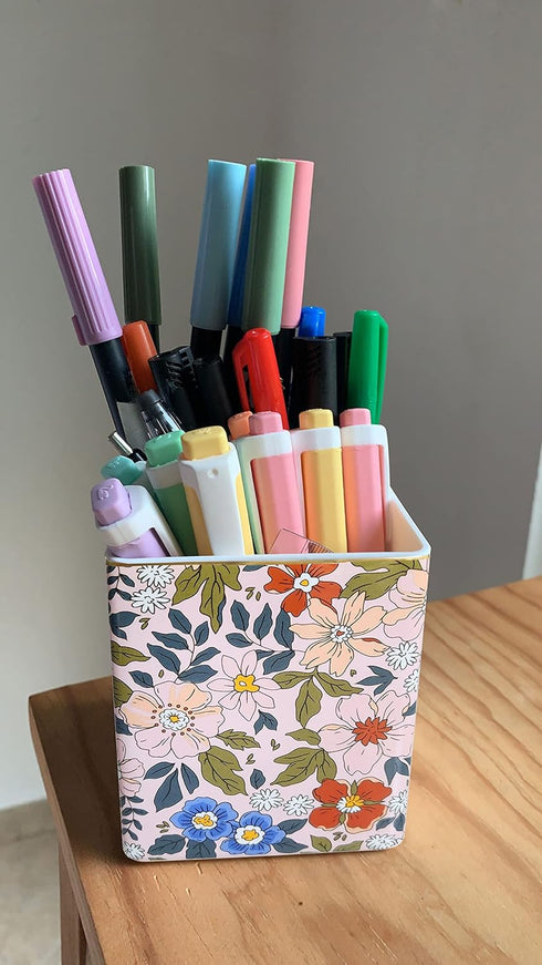 Ceramic Pen Pencil Holder, Makeup Brush Organizer with 2 Compartments, Floral Multi-functional Storage Caddy, Pink