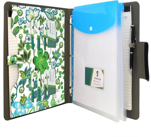 Organizer Portfolio Case with 3-Ring Binder, Flower Painting PU Leather Padfolio with Document Bag (Green)