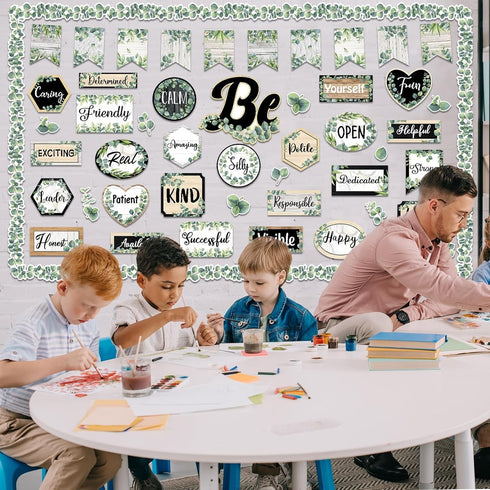 Back to School Eucalyptus Motivational Classroom Bulletin Board Decorations, Greenery Inspirational Quotes Cutouts