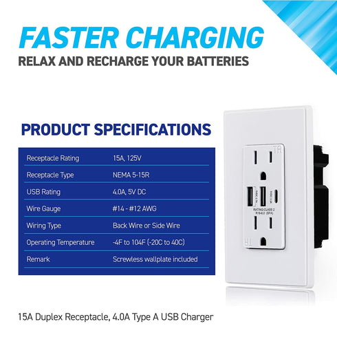 Coby USB Wall Outlet, Dual High Speed 6.0 Amp USB Ports, 15A Duplex Tamper Resistant Receptacle, Pack of 2