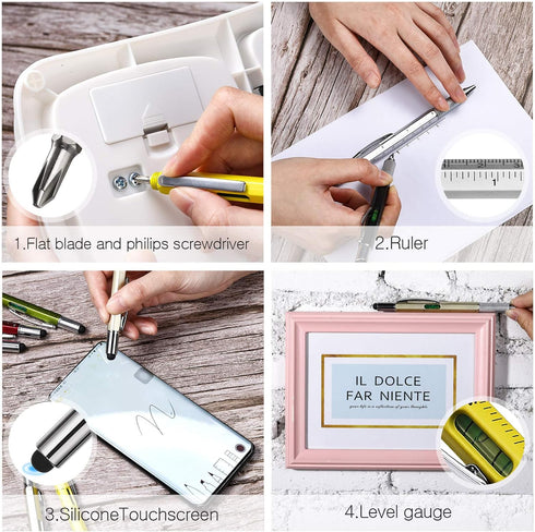 Zhanmai 16 Pieces 6 in 1 Multi Tool Gift Pen with Ruler, Level Gauge, Ballpoint Pen and Refills (Black, Silver)