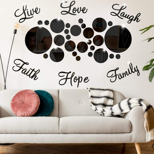 Zonon 3D Acrylic Mirror Wall Decor Stickers, 6 Word DIY Faith Live Laugh Hope Love - Black