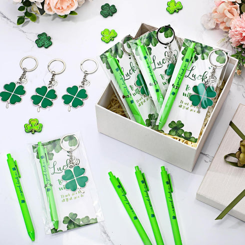 Fullhawl 24 Sets Shamrock Pen Gifts Bulk for Employee Good Luck Ballpoint Pens Clover Keychains with Thank You Cards